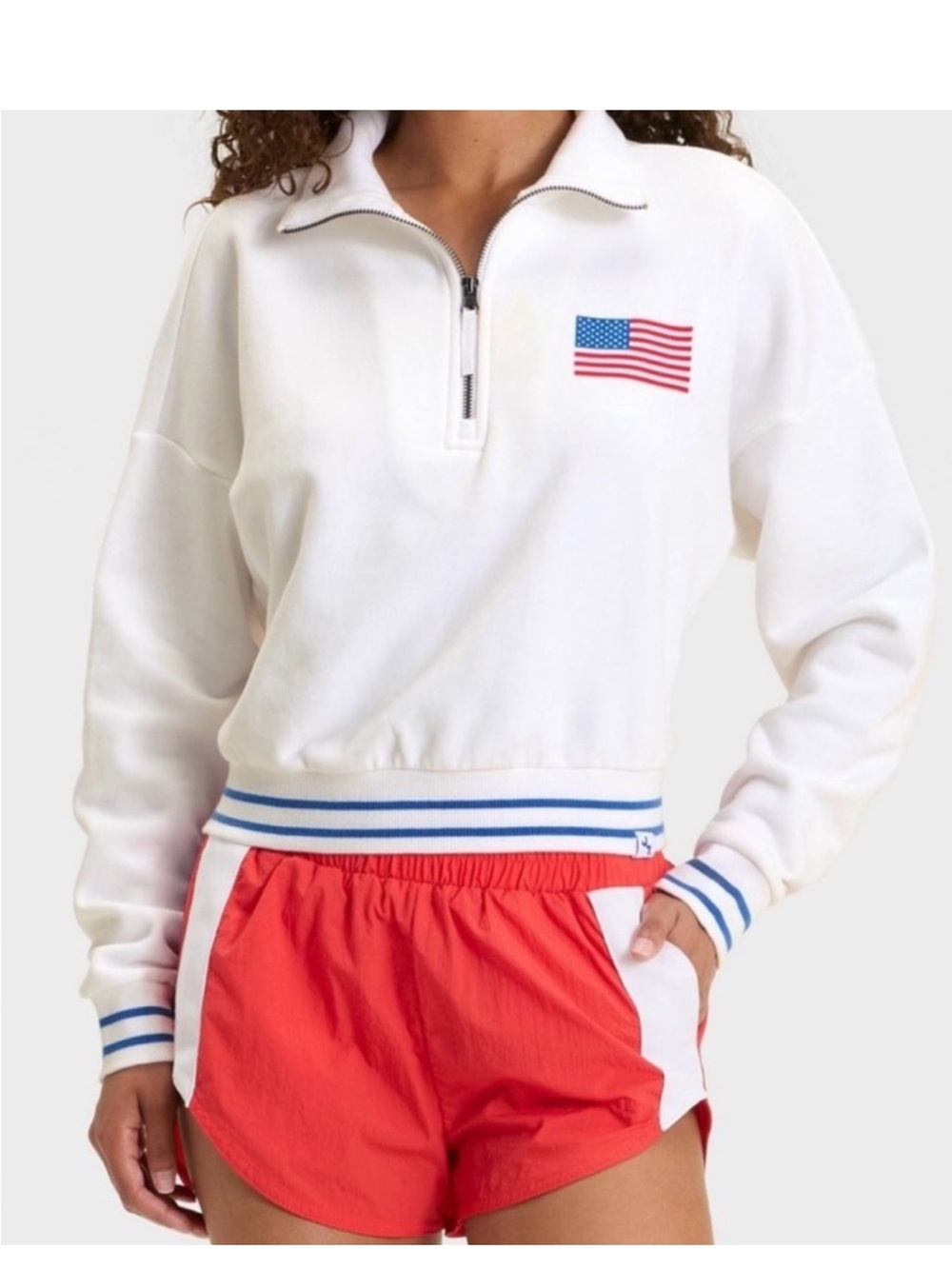JoyLab White Quarter-Zip Sweatshirt with Flag Patch and Blue-Trim